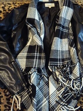 Rewind Black Faux Leather Jacket with Black & White Plaid Scarf